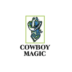 Logo von Cowboy Magic mit einem stilisierten Cowboykopf in Blau und Grün.