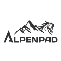 Logo von Alpenpad mit Bergen und einem Pferdekopf.