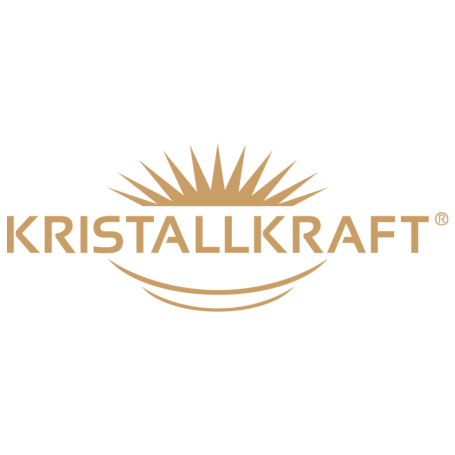 Logo von Kristallkraft, goldene Schrift mit stilisierten Strahlen darüber.